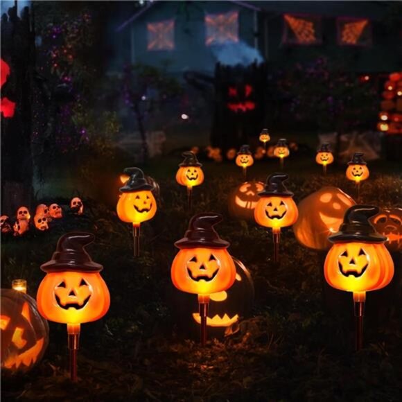 6 Pack Solar Jack O Lantern Stake String Lights - Orange Halloween Pathway - Picture 2 of 8